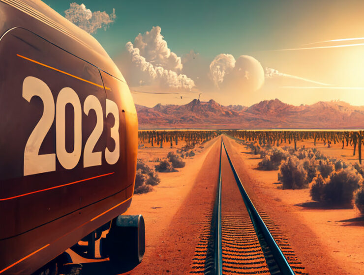 AI art of a futuristic train wagon with number 2023, by the train tracks in a desert, AI art created by Midjourney, prompted by Ivan Kralj