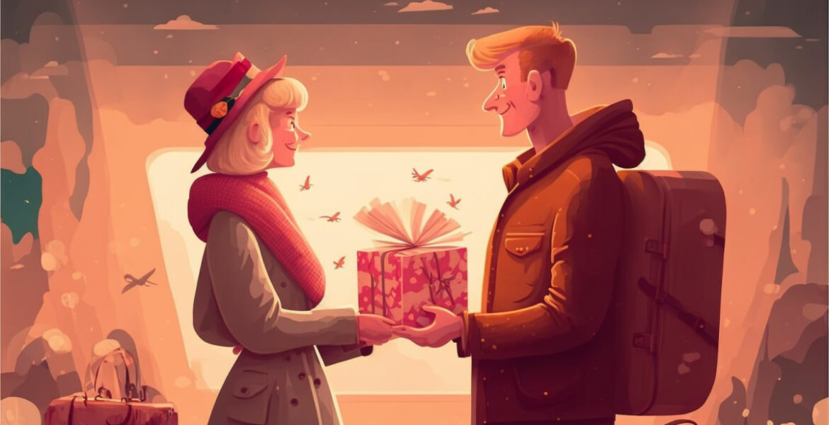 Romantic-style drawing of a traveling love couple exchanging a unique Valentine's Day gift, image by Ivan Kralj/Midjourney