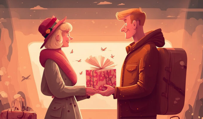 Romantic-style drawing of a traveling love couple exchanging a unique Valentine's Day gift, image by Ivan Kralj/Midjourney