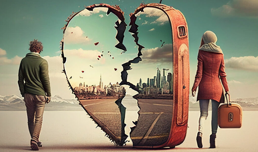 AI artistic representation of a breakup, separated man and woman in a desert, with broken gigantic heart-shaped suitcase, image by Midjourney/Ivan Kralj.