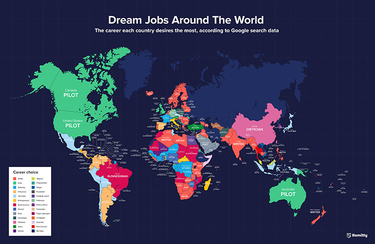 Dream jobs around the world, an infographic showing that 'how to be a pilot' is one of the most searched profession-related query on Google, search data analysis and infographic by Remitly.