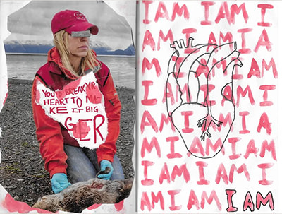 Journal Entry, collage by an anonymous artist, displayed in the online Heartbreak Museum, message saying repetitevely "I am", and a woman sitting on the beach with a paper cover saying "You break your heart to make it bigger".