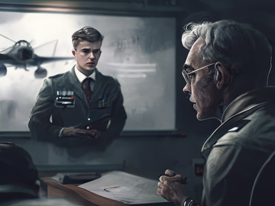 In the process of becoming a pilot, a young man in a uniform stands in the classroom of a flight school, in front of a teacher, illustration by Ivan Kralj, Midjourney.