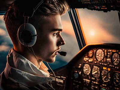 In the process of becoming a pilot, a young man is collecting flying hours in a cockpit, a necessary step in obtaining a pilot license, illustration by Ivan Kralj/Midjourney.