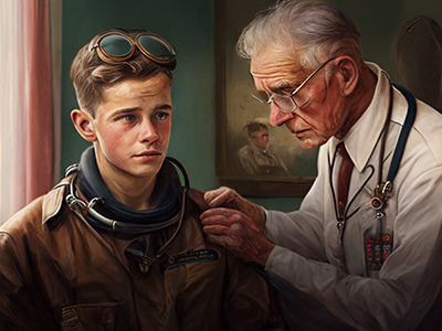 In the process of becoming a pilot, a young man goes through a medical examination by a doctor, illustration by Ivan Kralj, Midjourney.