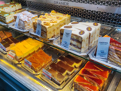 Cake display in the vitrine of Szamos Cafe, one of the best dessert places in Budapest, Hungary, photo by Ivan Kralj.