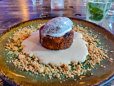 Makos guba, one of the favourite Hungarian desserts in Budapest, as served in Kiosk restaurant, warm bread pudding with a refreshing poppy seed ice cream on top, photo by Ivan Kralj.