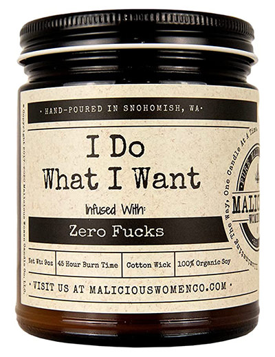 Hertbreak candle by Malicious Women Company, candle named "I Do What I Want" ("infused with zero fucks").