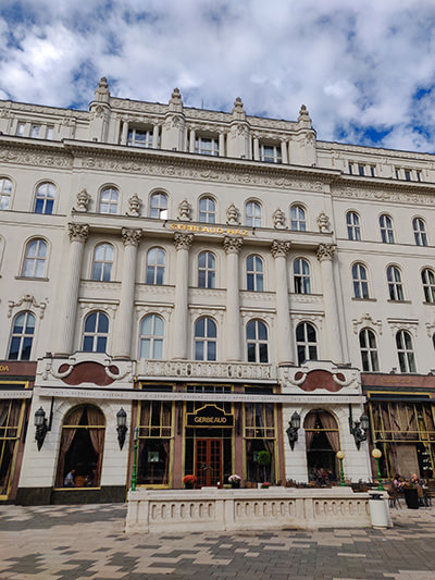 Exterior of Patisserie/Cafe Gerbeaud 4-story building in Budapest, Hungary, photo by Ivan Kralj.