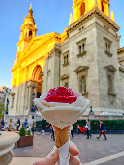 Rose-shaped ice cream, gelato, produced by Gelarto Rosa parlor, in front of St. Istvan Basilica in Budapest, Hungary, photo by Ivan Kralj.