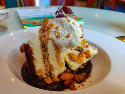 Somloi galuska, Hungarian trifle cake made of three different sponge cakes, custard cream, whipped cream, and raisins, as served in Gundel, the restaurant where this popular Hungarian dessert was invented in 1950s, photo by Ivan Kralj.