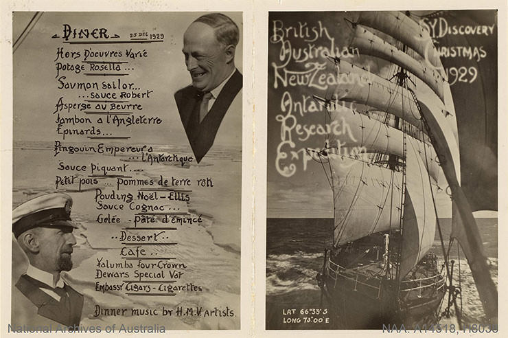 Christmas dinner menu, written in French, including dish made of penguin, on Discovery ship during the BANZARE expedition in Antarctica 1929