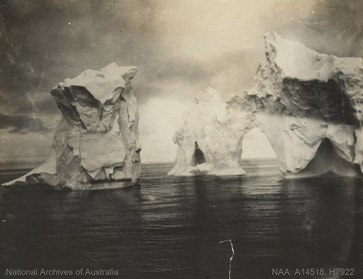 Icebergs in Antarctica, shot during the BANZARE expedition 1901-1936.