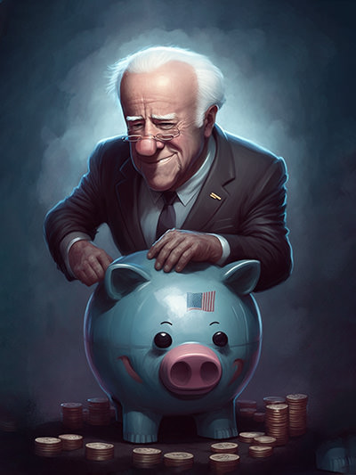 illustration of a US president Joe Biden standing behind the American-styled piggy bank and coins, as a protector of people against junk fees; image by Ivan Kralj, Midjourney.