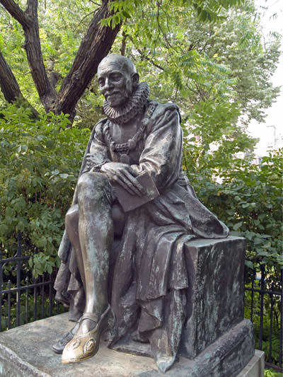 The statue of Michel de Montaigne in Paris, with rubbed foot as a result of good-luck ritual performed by local students; photo by Djof.