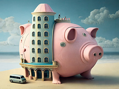 Piggy bank shaped like a resort on the beach, the representation of a junk fee concept in hotel industry, the hidden charges when booking accommodation; image by Ivan Kralj, Midjourney.