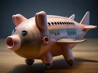 Piggy bank shaped like a plane, the representation of a junk fee concept in airlines industry, the hidden charges of flying; image by Ivan Kralj, Midjourney.