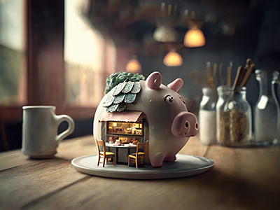 Piggy bank shaped like a tiny restaurant, on the table in a real restaurant, the representation of a junk fee concept in F&B business, the hidden charges when eating out; image by Ivan Kralj, Midjourney.
