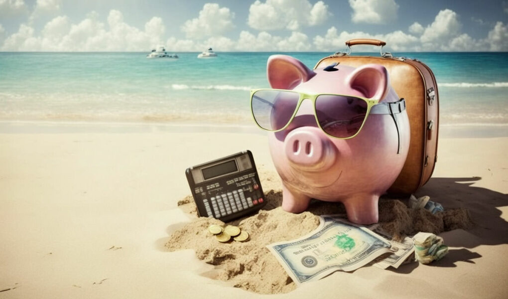 Piggy bank with sunglasses on holidays on a tropical beach, with money and calculator; concept of junk fee, the hidden cost that affects consumers when they least expect it, especially on vacations; image by Ivan Kralj, Midjourney.