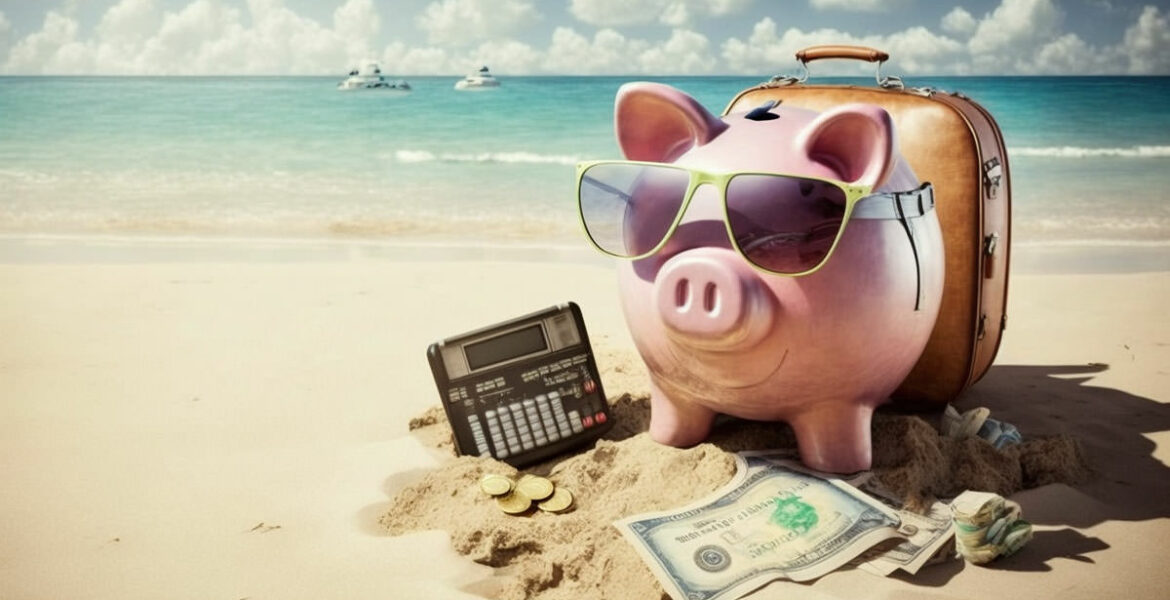 Piggy bank with sunglasses on holidays on a tropical beach, with money and calculator; concept of junk fee, the hidden cost that affects consumers when they least expect it, especially on vacations; image by Ivan Kralj, Midjourney.