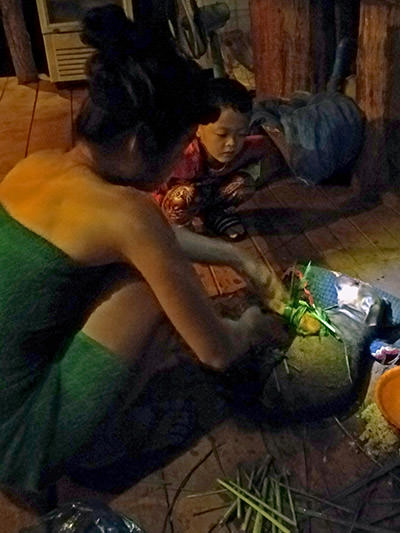 Cambodian woman in Banlung, wrapping puppy's feet in lemongrass leaves to cure him from broken legs or spoiled stomach or witchcraft; photo by Ivan Kralj.