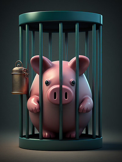 Piggy bank behind bars in a little cage, the illustration of a concept of protecting one's savings against sneaky hidden junk fees; image by Ivan Kralj, Midjourney.