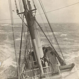 Ship navigating rough seas of Antarctica, shot during the British Antarctic Expedition 1907-1909.