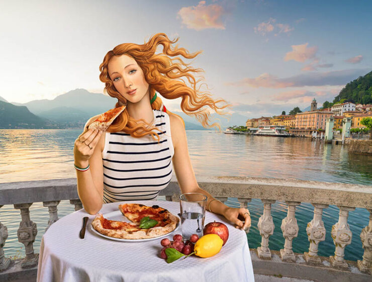 Botticelli's Venus shown eating pizza at Lake Como, as part of the 'Open to Meraviglia', controversial Italian tourism campaign.
