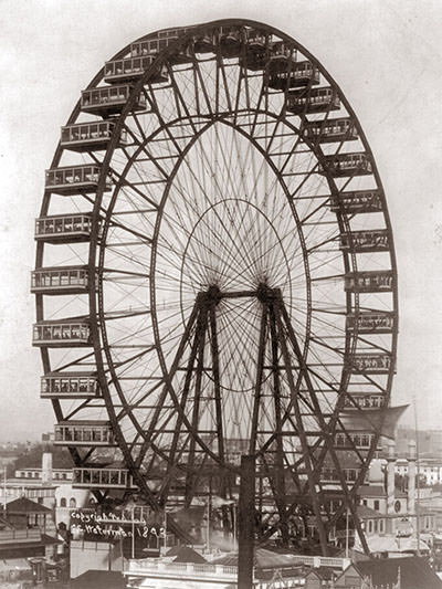 The black-and-white-photo of the original, first Ferris wheel at the World’s Columbian Exposition in Chicago 1893, the invention of the civil engineer George Washington Gale Ferris Jr.