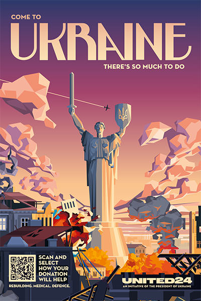 Vintage-style visual depicting Motherland Monument in Kyiv, and calling "Come to Ukraine, there's so much to do", as a part of United24 fundraising campaign for Ukraine's recovery; illustration by Antonio Firsik.
