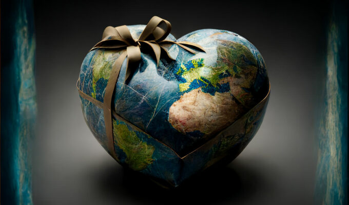Planet Earth shaped like a heart and wrapped like a present for Earth Day; image by Ivan Kralj/Midjourney.