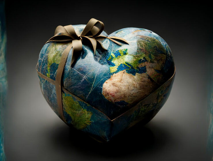 Planet Earth shaped like a heart and wrapped like a present for Earth Day; image by Ivan Kralj/Midjourney.