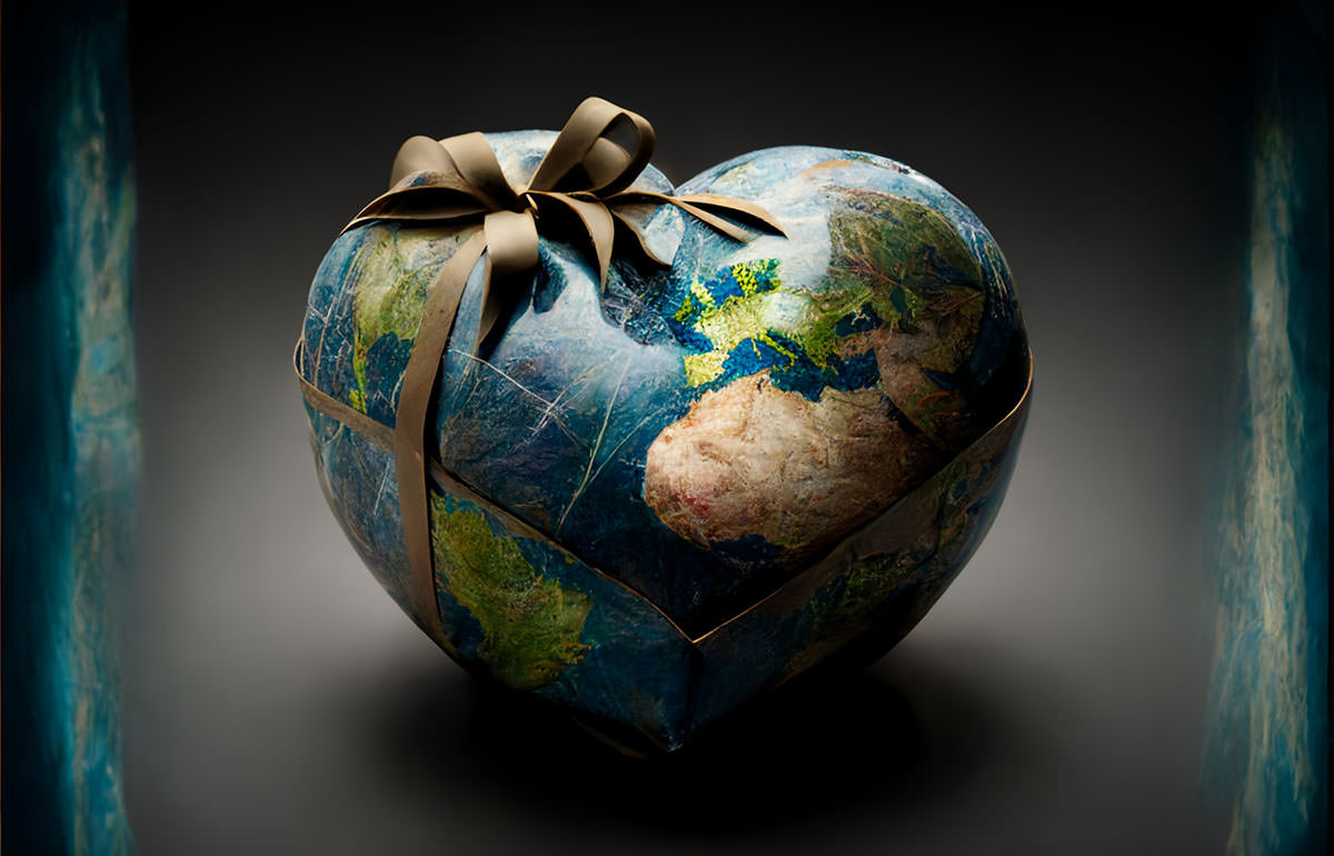 Planet Earth shaped like a heart and wrapped like a present for Earth Day; image by Ivan Kralj/Midjourney.