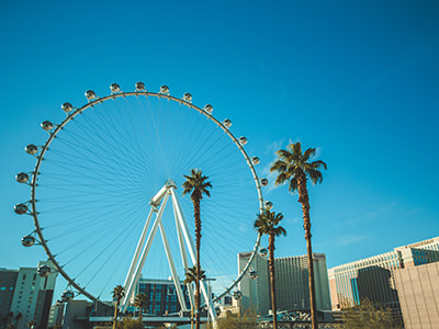 High Roller, the Las Vegas observation wheel, the second largest Ferris wheel in the world, standing next to tall palm trees and buildings; photo by Tim Trad, Unsplash.
