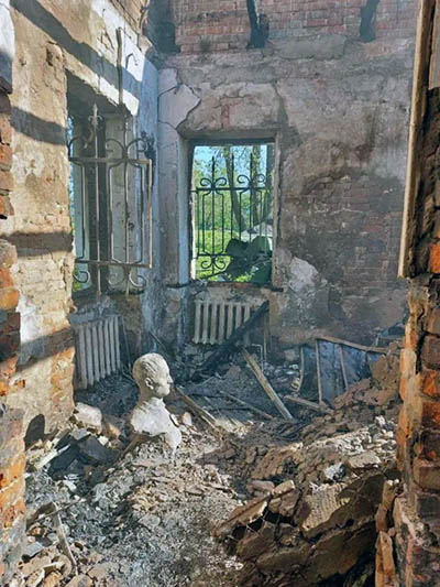 Ruins of Hryhoriy Skovoroda National Museum of Literature in Skovorodynivka, Kharkiv region, Ukraine, destroyed in Russian shelling in May 2022.