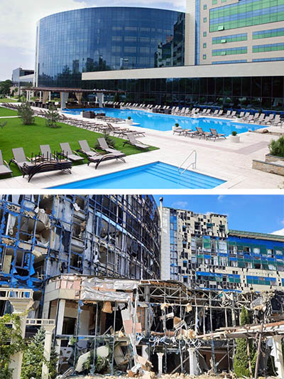 Five-star hotel complex Misto in Kharkiv, Ukraine, before and after September 2022 shelling.
