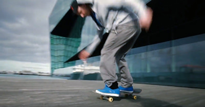 Screenshot from Rhode Island tourism campaign video showing a skateboarder in Reykjavik, Iceland.
