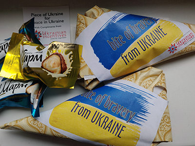Royal Charm chocolates produced by Kiev-based AVK since 1991, wrapped as "bite of bravery from Ukraine", a gift at Place2Go tourism fair in Zagreb, Croatia; photo by Ivan Kralj.