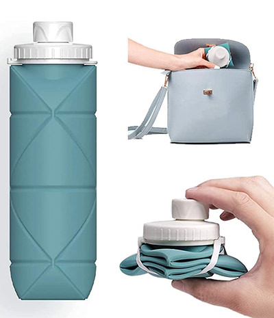 Collapsible silicone water bottle that can be folded after use, by Special Made, Amazon.