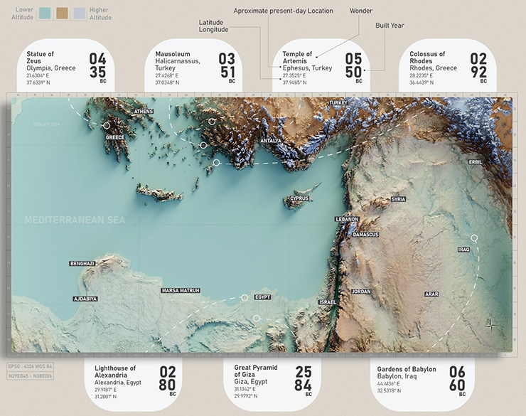 The map of Eastern Mediterranean showing locations of the ancient 7 wonders of the world, by Pranav Gavali - Visual Capitalist.