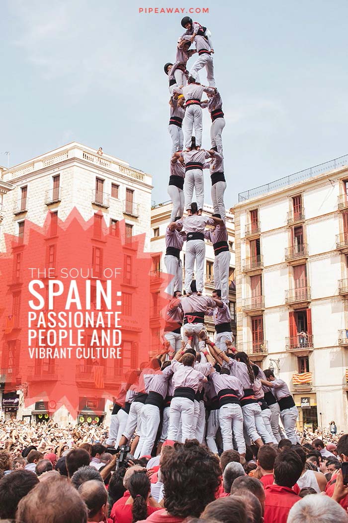 People forming a human tower or Castell during the traditional Festival de la Mercè in Barcelona are symbolizing unity, trust, and social harmony. It is just one strong metaphor of vibrant Spanish culture. Learn more about the soul of Spain, made by passionate people and spirited customs!