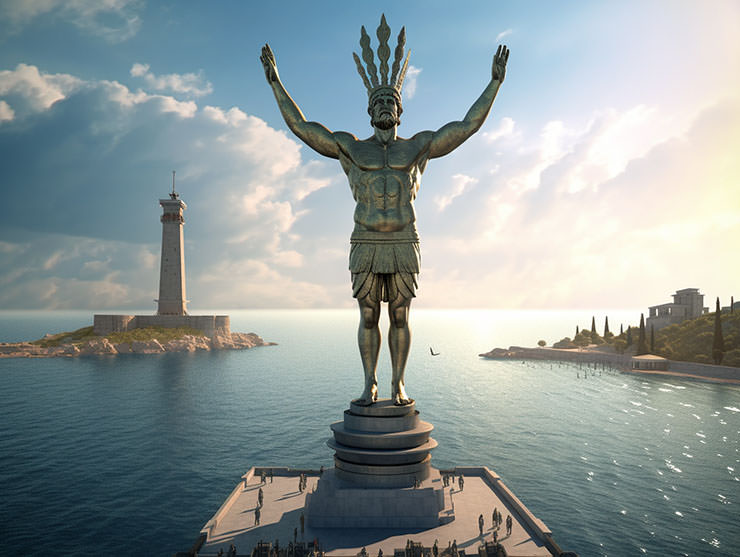 Colossus of Rhodes statue, spreading his arms in the harbor, as one of the Seven Wonders of the Ancient World, as it might have looked like back then; AI image by Ivan Kralj/Midjourney.