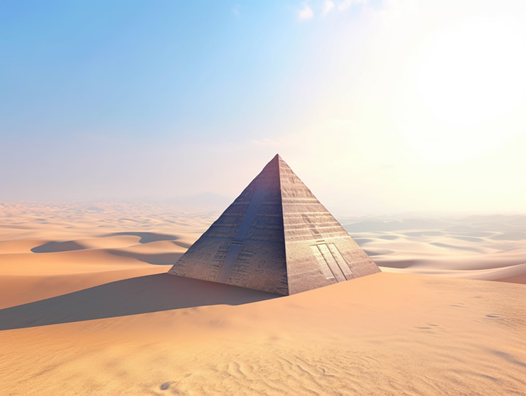 The Great Pyramid of Giza, one of the 7 Wonders of the Ancient World, as it might have looked like when first made in Egyptian desert; AI image by Ivan Kralj/Midjourney.