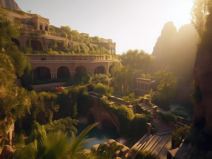 The Hanging Gardens of Babylon with lush vegetation in desert, one of the 7 Wonders of the Ancient World, as they might have looked like when and if they existed; AI image by Ivan Kralj/Midjourney. 