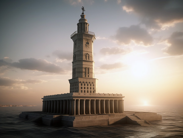 The Lighthouse of Alexandria, the wonder of the ancient world, as it might have looked like back then; AI image by Ivan Kralj/Midjourney.
