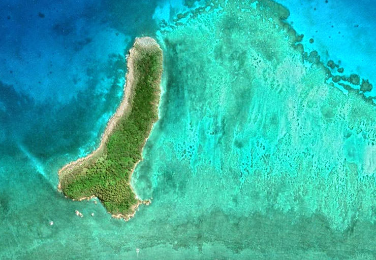 Unnamed island off the coast of Ouvea island in New Caledonia, the island that looks like a penis; satellite image by Google Maps.
