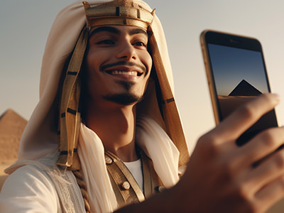 Pharaoh holding a mobile phone and taking a photo of a pyramid in ancient Egypt; AI image by Ivan Kralj/Midjourney.