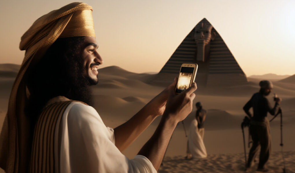 Pharaoh using a smartphone to take a photo of the Great Pyramid of Giza, one of the 7 Wonders of the Ancient World; AI image by Ivan Kralj/Midjourney.