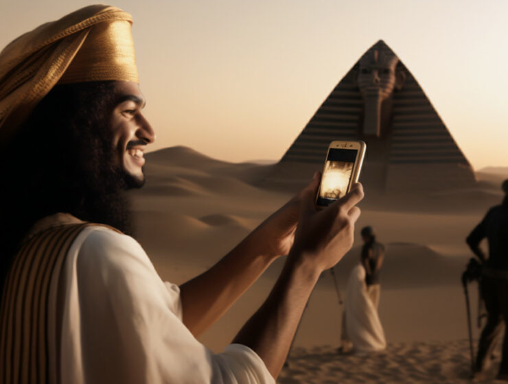 Pharaoh using a smartphone to take a photo of the Great Pyramid of Giza, one of the 7 Wonders of the Ancient World; AI image by Ivan Kralj/Midjourney.