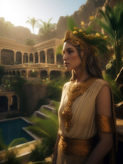 Queen Amytis in the Hanging Gardens of Babylon, one of the Seven Wonders of the Ancient World, as it might have looked like back then; AI image by Ivan Kralj/Midjourney.